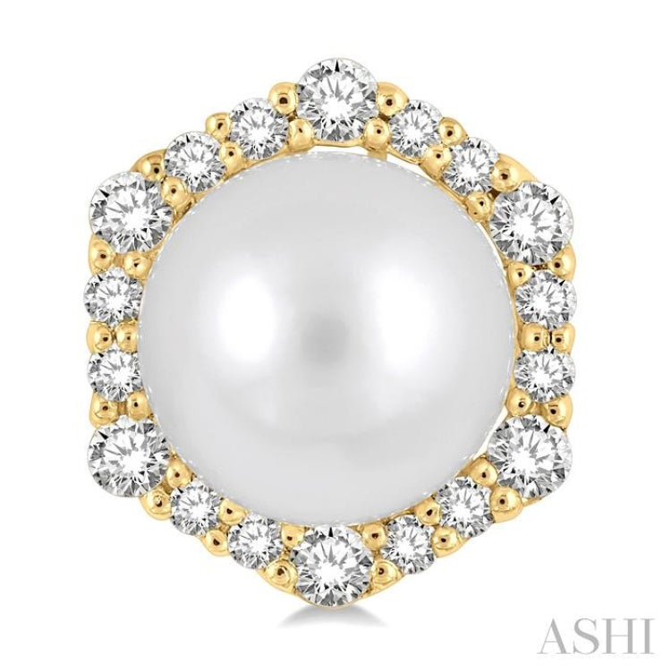 7 MM Cultured Pearls and 1/3 ctw Hexagon Shape Round Cut Diamond Earrings in 14K Yellow Gold