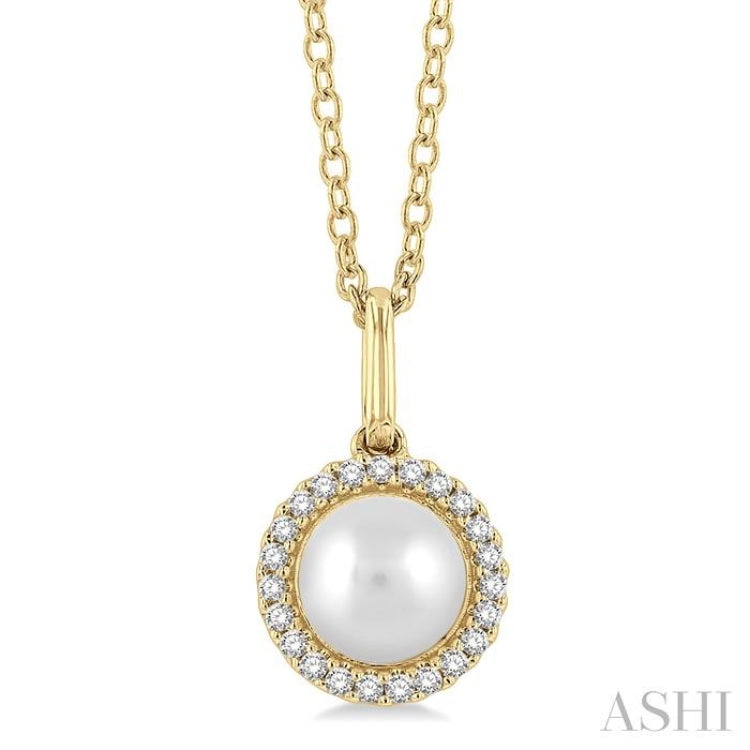 6 MM Round Shape Cultured Pearl and 1/20 ctw Petite Round Cut Diamond Halo Fashion Pendant With Chain in 10K Yellow Gold