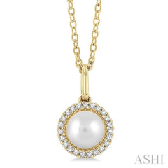 6 MM Round Shape Cultured Pearl and 1/20 ctw Petite Round Cut Diamond Halo Fashion Pendant With Chain in 10K Yellow Gold
