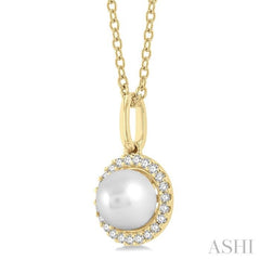 6 MM Round Shape Cultured Pearl and 1/20 ctw Petite Round Cut Diamond Halo Fashion Pendant With Chain in 10K Yellow Gold