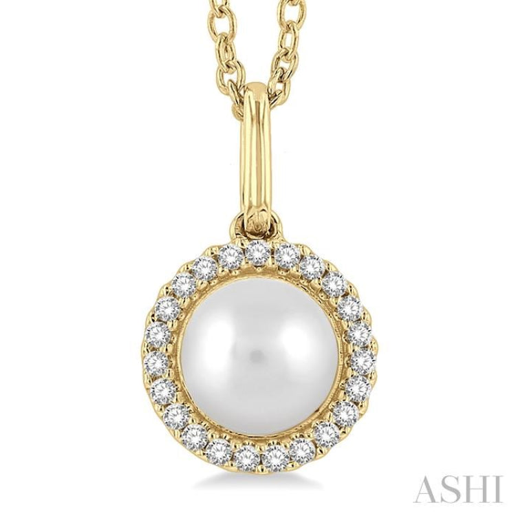 6 MM Round Shape Cultured Pearl and 1/20 ctw Petite Round Cut Diamond Halo Fashion Pendant With Chain in 10K Yellow Gold