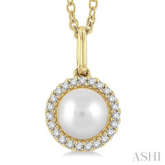 6 MM Round Shape Cultured Pearl and 1/20 ctw Petite Round Cut Diamond Halo Fashion Pendant With Chain in 10K Yellow Gold