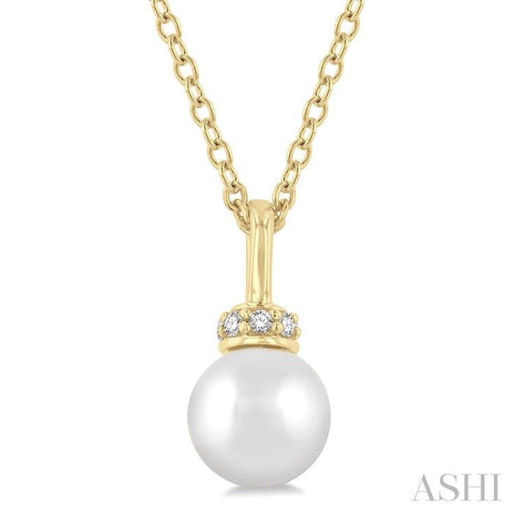 6 MM Round Shape Cultured Pearl and 1/20 ctw Petite Round Cut Diamond Crown Fashion Pendant With Chain in 10K Yellow Gold