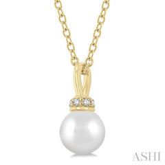 6 MM Round Shape Cultured Pearl and 1/20 ctw Petite Round Cut Diamond Crown Fashion Pendant With Chain in 10K Yellow Gold
