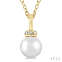 6 MM Round Shape Cultured Pearl and 1/20 ctw Petite Round Cut Diamond Crown Fashion Pendant With Chain in 10K Yellow Gold
