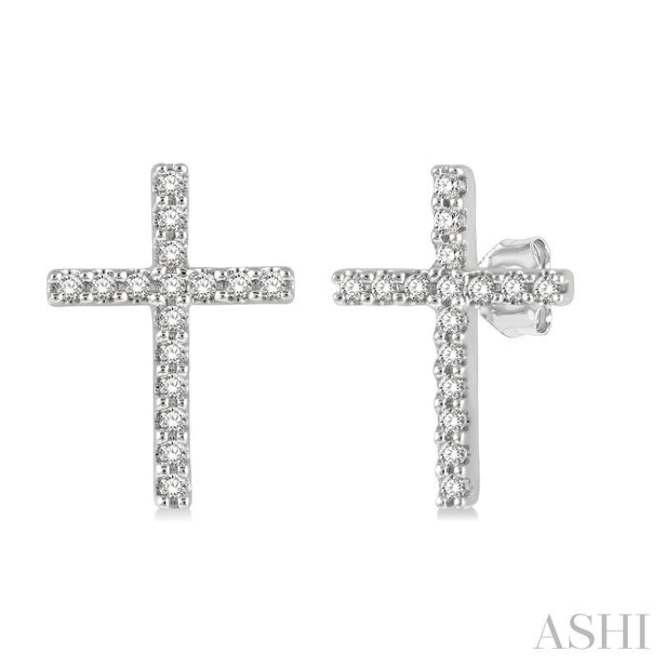 1/10 ctw Cross Round Cut Diamond Petite Fashion Earring in 14K White Gold