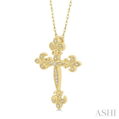 1/10 ctw Fleur De Lis Round Cut Diamond Cross Pendant With Chain in 10K Yellow Gold