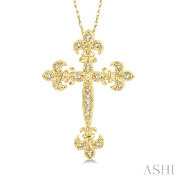 1/10 ctw Fleur De Lis Round Cut Diamond Cross Pendant With Chain in 10K Yellow Gold