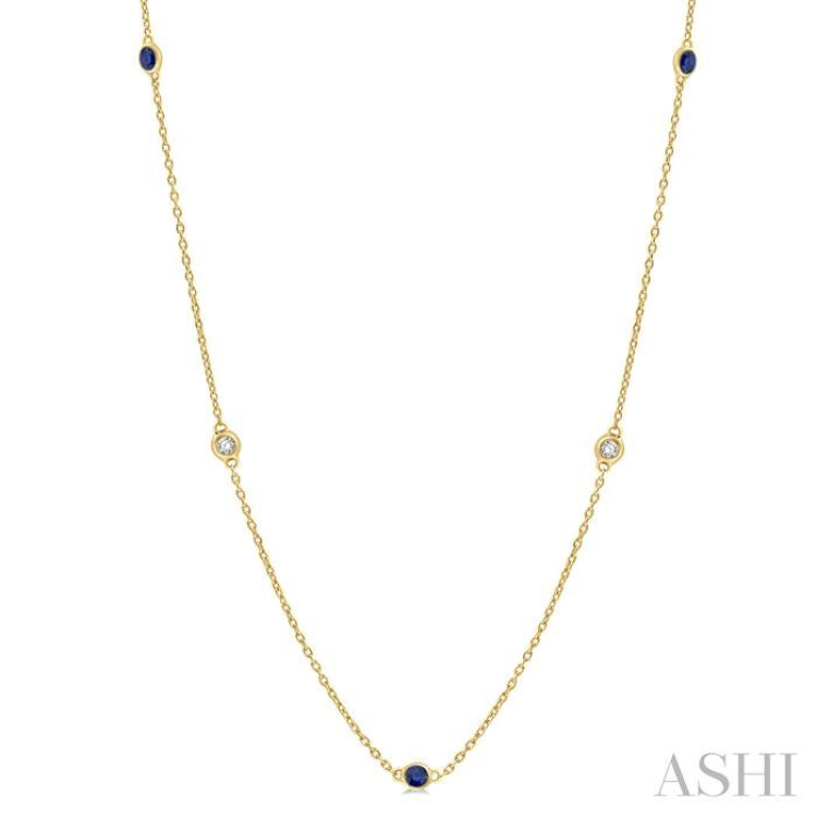 1.75 MM Sapphire and 1/6 ctw Round Cut Diamond Precious Station Necklace in 14K Yellow Gold