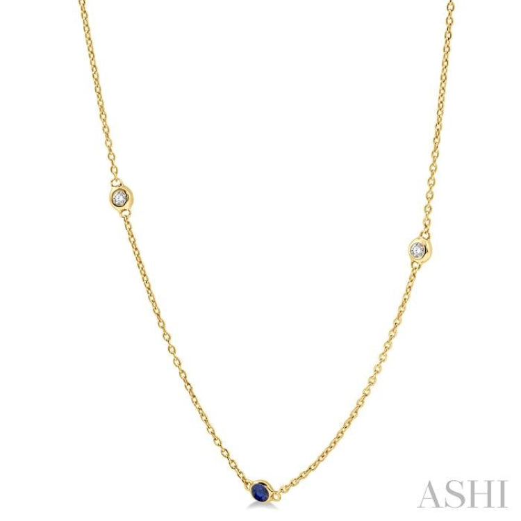 1.75 MM Sapphire and 1/6 ctw Round Cut Diamond Precious Station Necklace in 14K Yellow Gold
