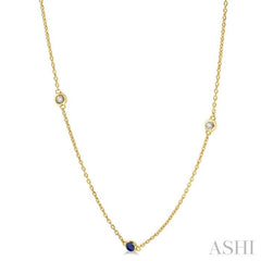 1.75 MM Sapphire and 1/6 ctw Round Cut Diamond Precious Station Necklace in 14K Yellow Gold
