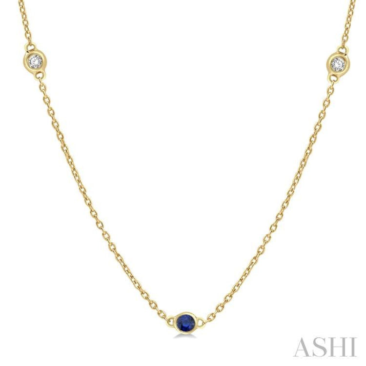 1.75 MM Sapphire and 1/6 ctw Round Cut Diamond Precious Station Necklace in 14K Yellow Gold
