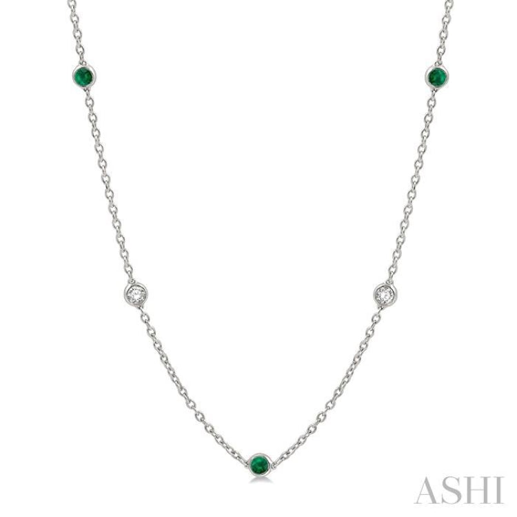 2.85 MM Emerald and 1/2 ctw Round Cut Diamond Precious Station Necklace in 14K White Gold