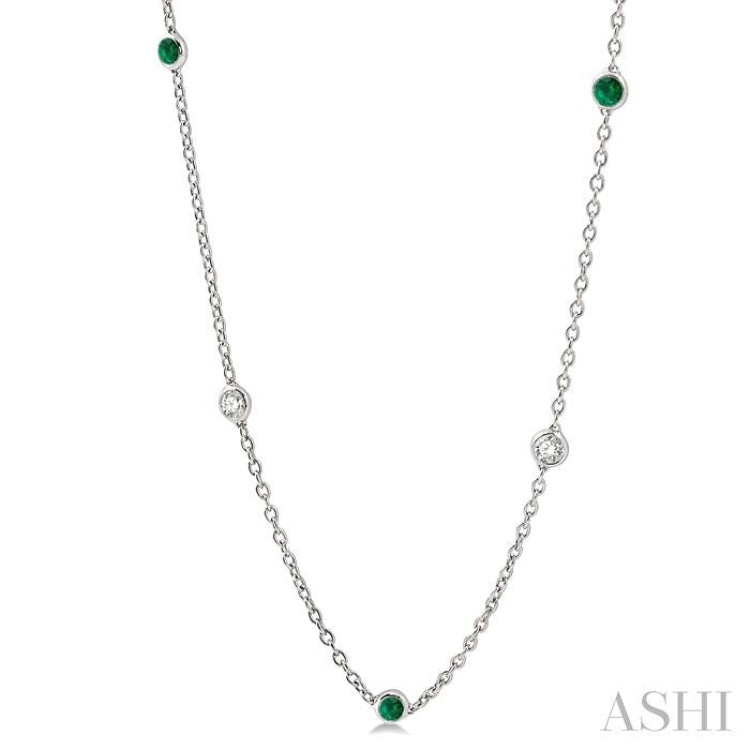 2.85 MM Emerald and 1/2 ctw Round Cut Diamond Precious Station Necklace in 14K White Gold