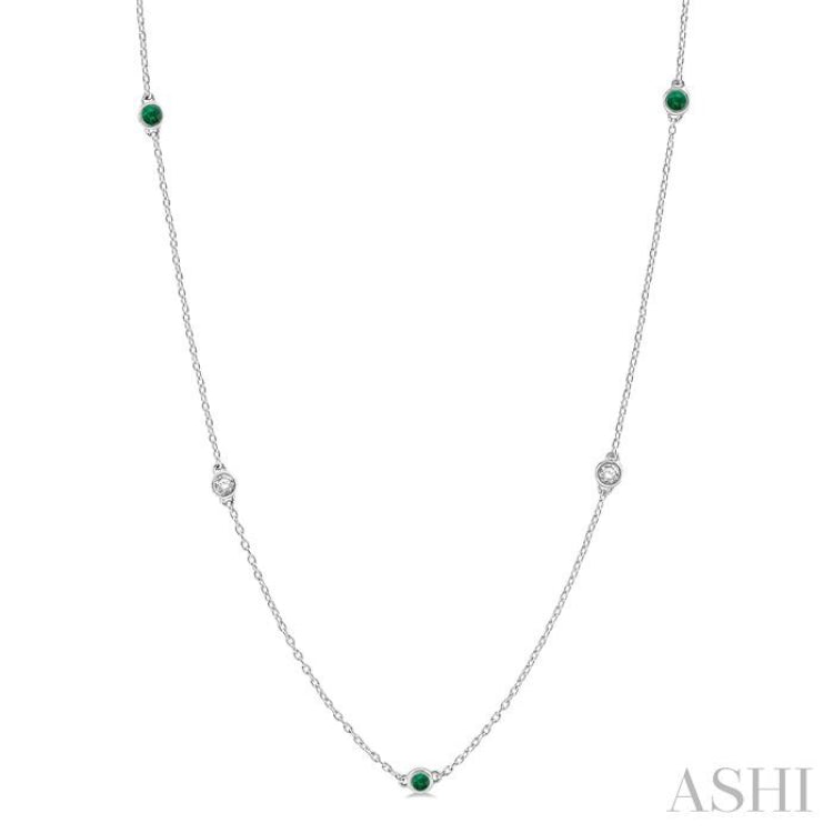 2.6 MM Emerald and 3/8 ctw Round Cut Diamond Precious Station Necklace in 14K White Gold
