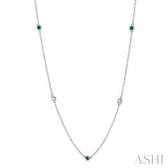 2.6 MM Emerald and 3/8 ctw Round Cut Diamond Precious Station Necklace in 14K White Gold