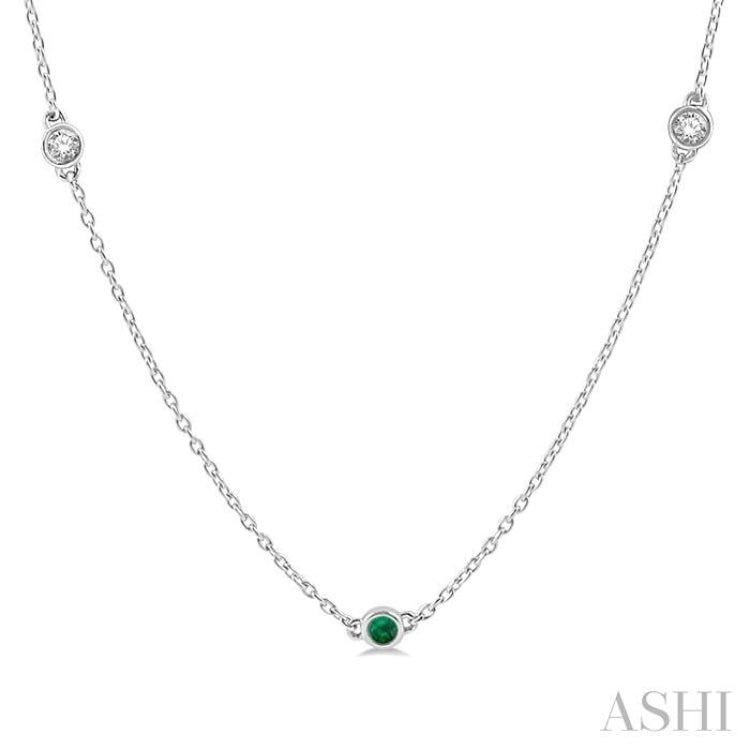 2.6 MM Emerald and 3/8 ctw Round Cut Diamond Precious Station Necklace in 14K White Gold