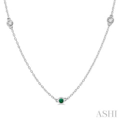 2.6 MM Emerald and 3/8 ctw Round Cut Diamond Precious Station Necklace in 14K White Gold