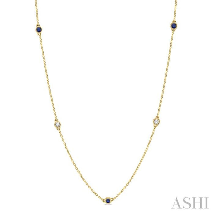 2.6 MM Sapphire and 3/8 ctw Round Cut Diamond Precious Station Necklace in 14K Yellow Gold