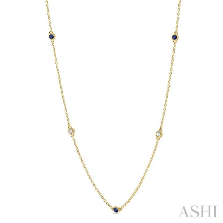 2.6 MM Sapphire and 3/8 ctw Round Cut Diamond Precious Station Necklace in 14K Yellow Gold