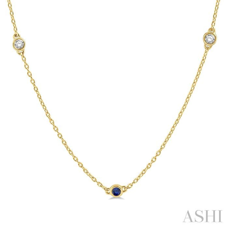 2.6 MM Sapphire and 3/8 ctw Round Cut Diamond Precious Station Necklace in 14K Yellow Gold