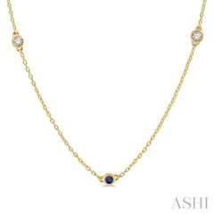 2.6 MM Sapphire and 3/8 ctw Round Cut Diamond Precious Station Necklace in 14K Yellow Gold