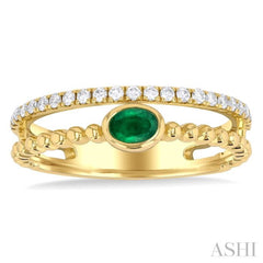 4x3 MM Oval Shape Emerald and 1/5 ctw Single Cut Diamonds Precious Fashion Split Twin Ring in 10K Yellow Gold