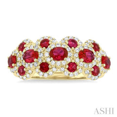 4X3 MM Oval Shape & 2.2 MM and 1/2 ctw Round Cut Ruby and Round Cut Diamond Scalloped Edge Precious Ring in 14K Yellow Gold