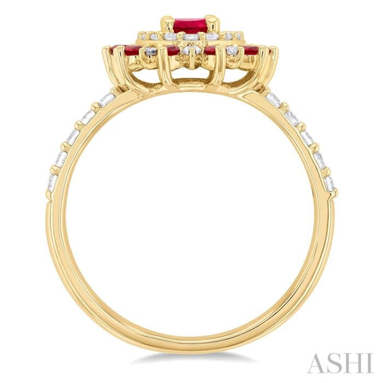 6X4 MM Oval Shape & 1.5 MM Round Cut Ruby and 3/8 ctw Round Cut Diamond Floral Precious Ring in 14K Yellow Gold