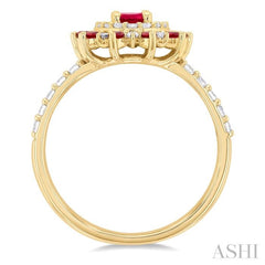 6X4 MM Oval Shape & 1.5 MM Round Cut Ruby and 3/8 ctw Round Cut Diamond Floral Precious Ring in 14K Yellow Gold