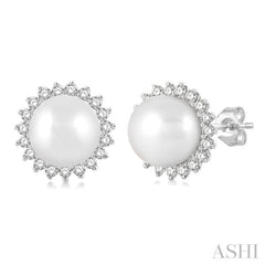 5.5 MM Round Shape Cultured Pearls and 1/6 ctw Petite Sunflower Round Cut Diamond Fashion Stud Earring in 10K White Gold