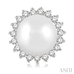 5.5 MM Round Shape Cultured Pearls and 1/6 ctw Petite Sunflower Round Cut Diamond Fashion Stud Earring in 10K White Gold