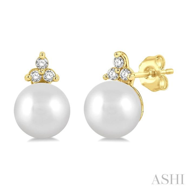 5.5 MM Round Shape Cultured Pearls and 1/20 ctw Petite Round Cut Diamond Fashion Stud Earring in 10K Yellow Gold