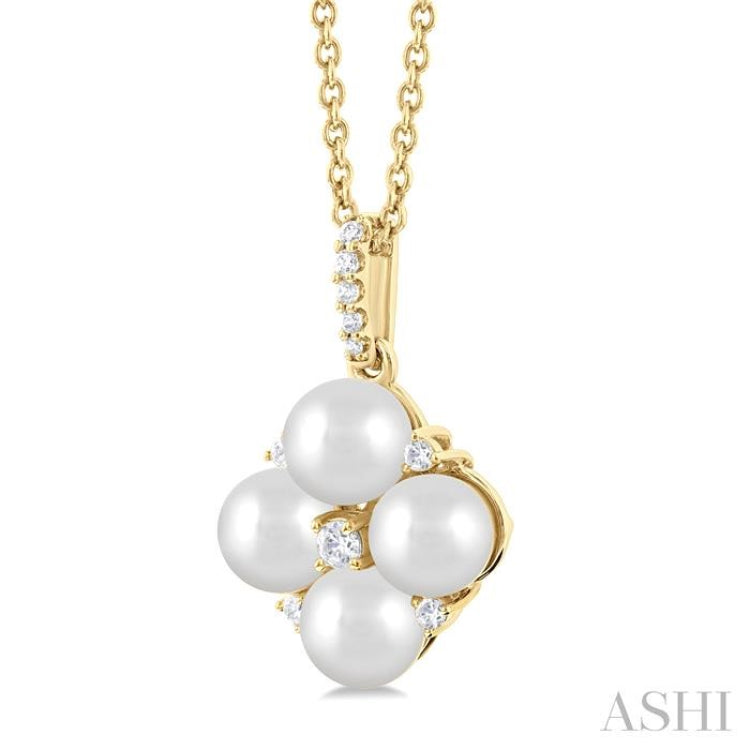 5x5 MM Round Shape Floral Cultured Pearls and 1/10 ctw Round Cut Diamond Fashion Pendant With Chain in 10K Yellow Gold