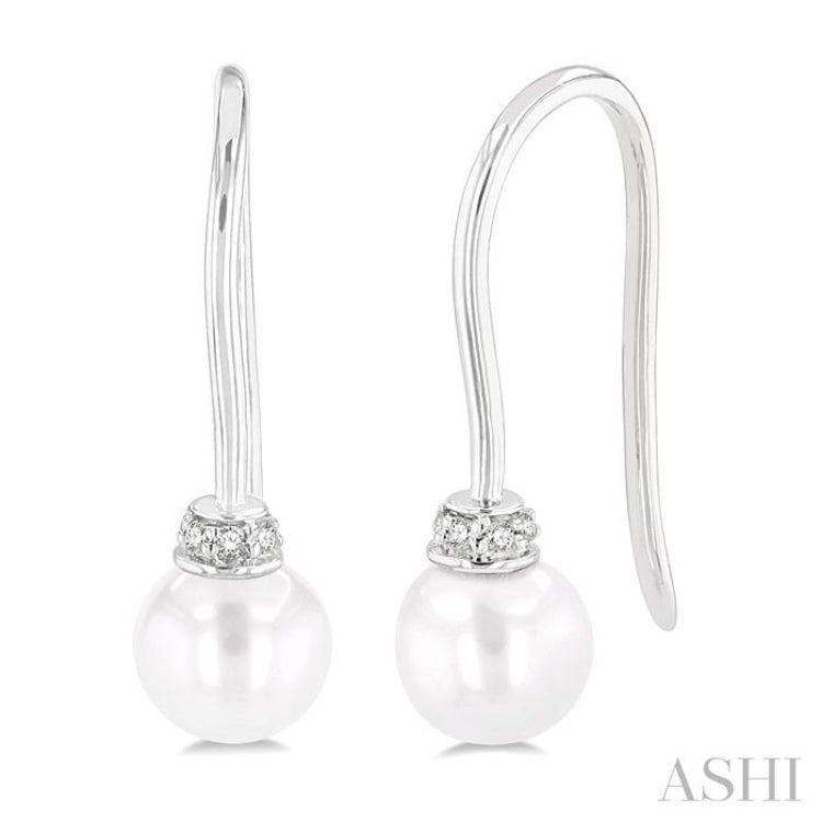 5.5 MM Round Shape Cultured Pearls and 1/20 ctw Round Cut Diamond Petite Fashion Earring in 10K White Gold
