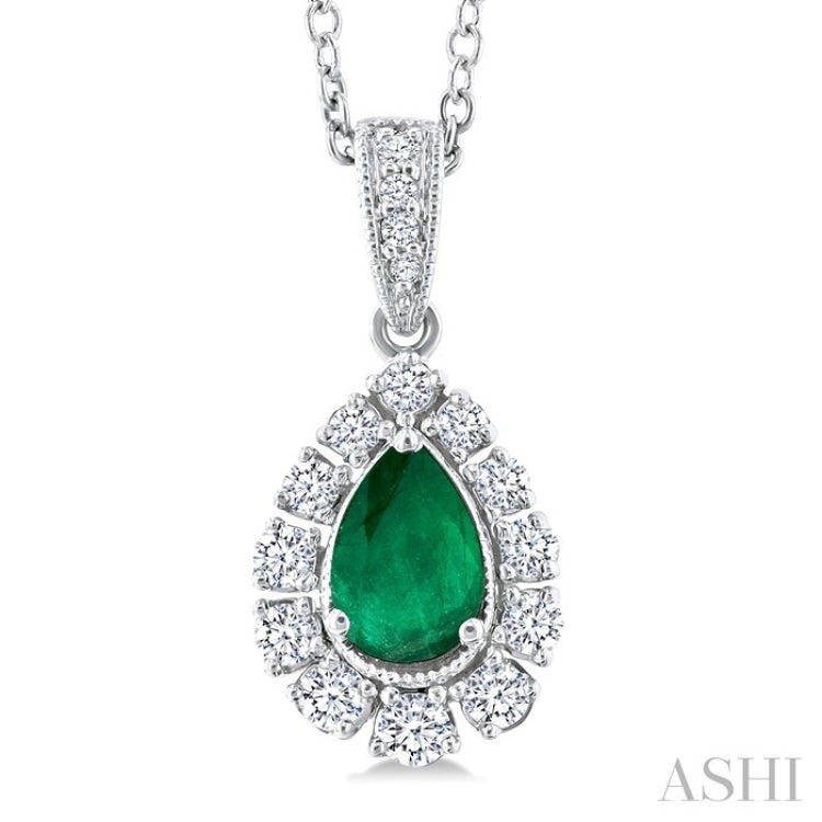 6X4 MM Pear Cut Emerald and 1/4 Ctw Round Cut Diamond Precious Pendant With Chain in 14K White Gold