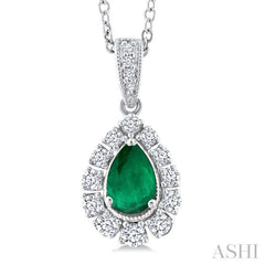 6X4 MM Pear Cut Emerald and 1/4 Ctw Round Cut Diamond Precious Pendant With Chain in 14K White Gold
