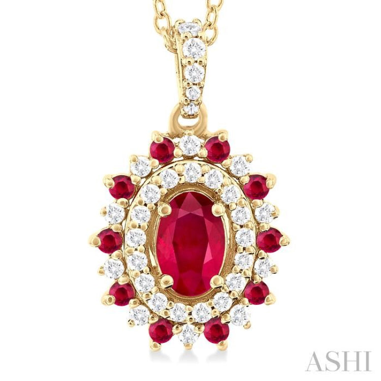 6X4 MM Oval Cut & 1.55 MM Round Cut Ruby and 1/4 ctw Round Cut Diamond Floral Precious Pendant With Chain in 14K Yellow Gold