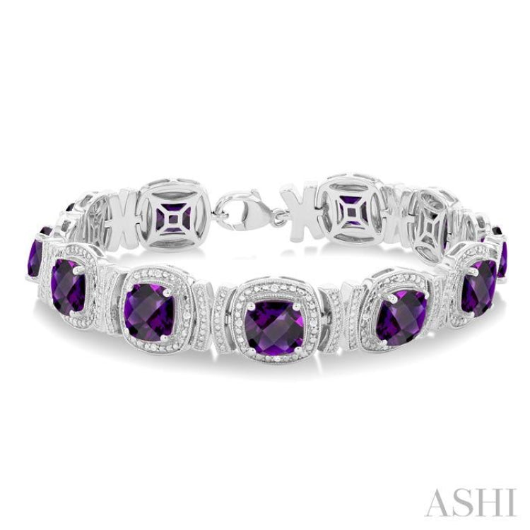 7X7 MM Cushion Shape Amethyst and 1/10 ctw Round Cut Diamond Semi Precious Bracelet in Sterling Silver