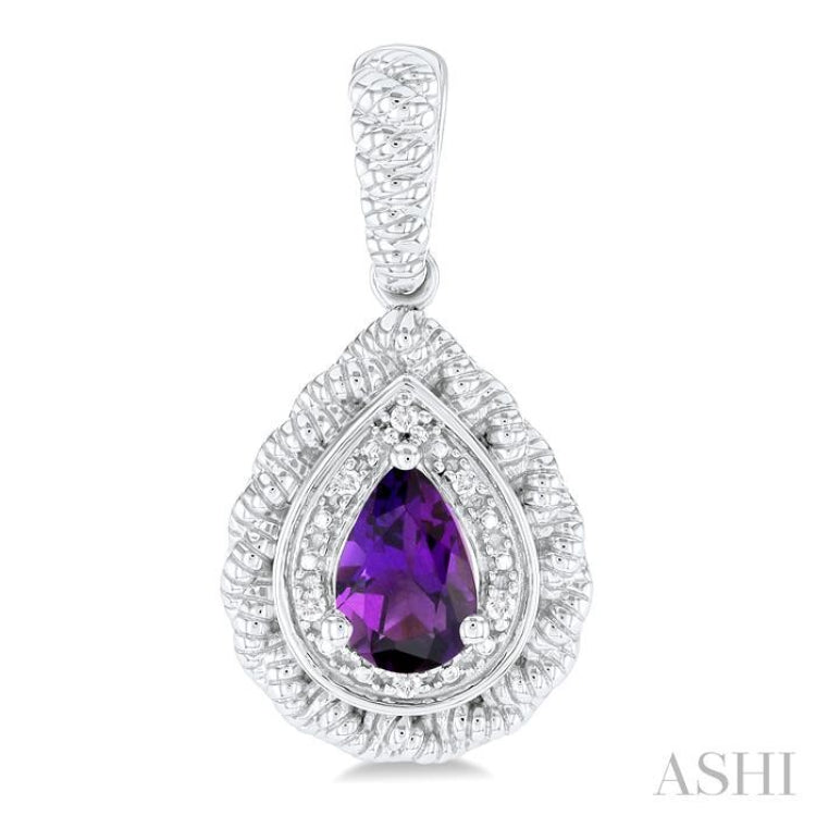 6X4 MM Pear Cut Amethyst and 1/20 ctw Round Cut Diamond Semi Precious Earring in Sterling Silver