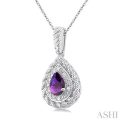 7X5 MM Pear Cut Amethyst and 1/20 ctw Round Cut Diamond Semi Precious Pendant With Chain in Sterling Silver