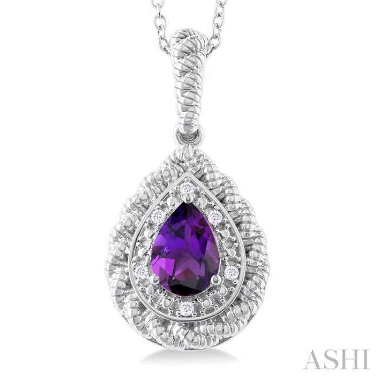 7X5 MM Pear Cut Amethyst and 1/20 ctw Round Cut Diamond Semi Precious Pendant With Chain in Sterling Silver