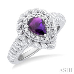7X5 MM Pear Cut Amethyst and 1/20 ctw Round Cut Diamond Semi Precious Ring in Sterling Silver