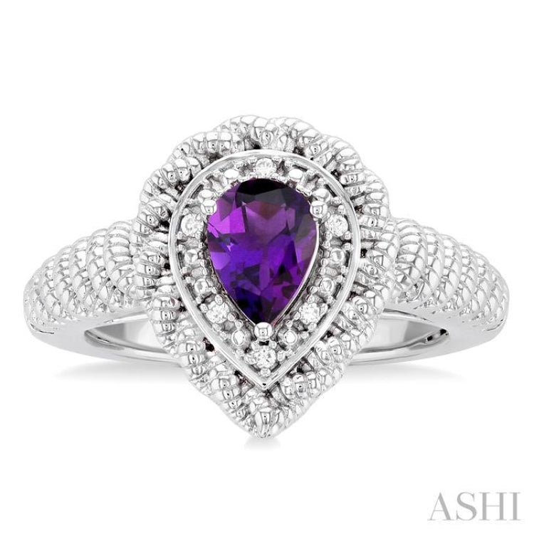 7X5 MM Pear Cut Amethyst and 1/20 ctw Round Cut Diamond Semi Precious Ring in Sterling Silver