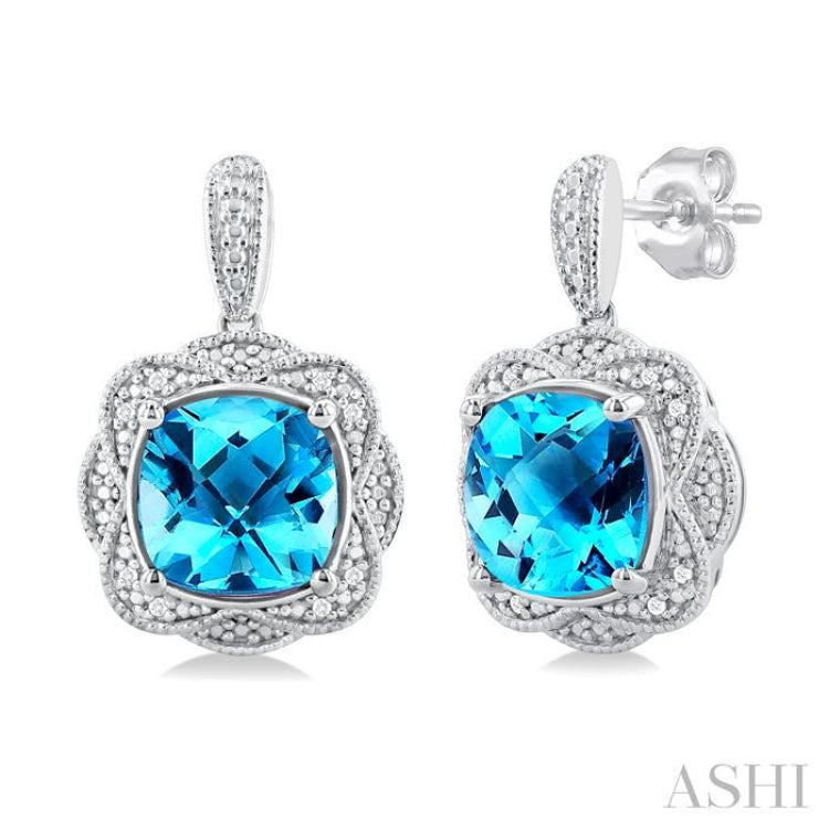 8X8 MM Cushion Shape Blue Topaz and 1/20 ctw Round Cut Diamond Semi Precious Earring in Sterling Silver