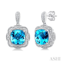 8X8 MM Cushion Shape Blue Topaz and 1/20 ctw Round Cut Diamond Semi Precious Earring in Sterling Silver