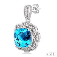 8X8 MM Cushion Shape Blue Topaz and 1/20 ctw Round Cut Diamond Semi Precious Earring in Sterling Silver