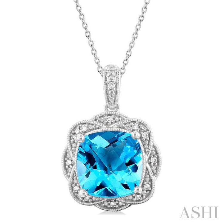 10X10 MM Cushion Shape Blue Topaz and 1/20 ctw Round Cut Diamond Semi Precious Pendant With Chain in Sterling Silver