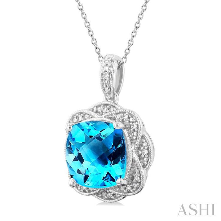 10X10 MM Cushion Shape Blue Topaz and 1/20 ctw Round Cut Diamond Semi Precious Pendant With Chain in Sterling Silver