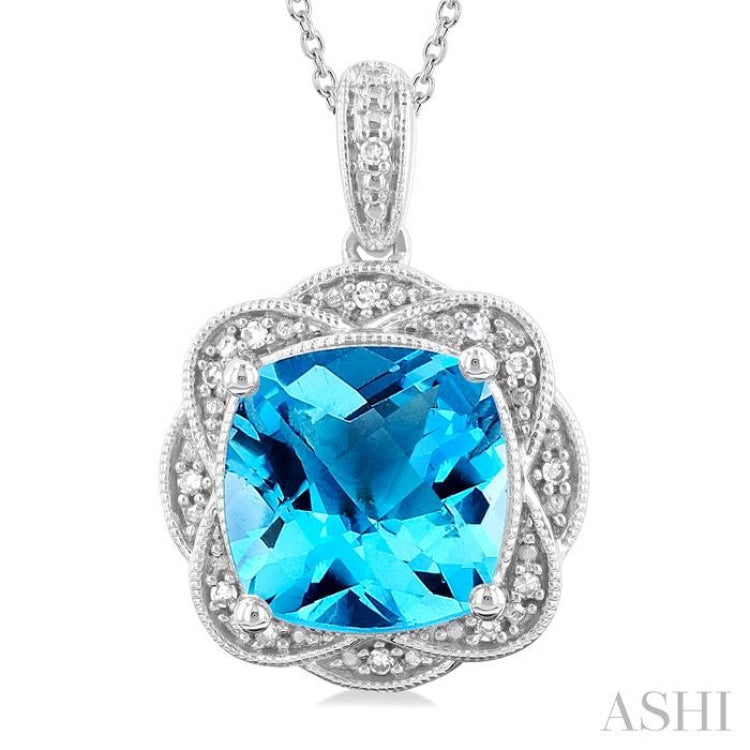10X10 MM Cushion Shape Blue Topaz and 1/20 ctw Round Cut Diamond Semi Precious Pendant With Chain in Sterling Silver